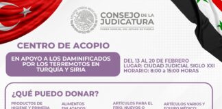 Poder Judicial de Puebla habilita centro de acopio para damnificados de Turquía y Siria