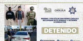 Marina y Policía de San Pedro Cholula recuperan auto robado y detienen a conductor