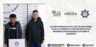 Acción inmediata de la SSC de San Pedro Cholula permite la detención de dos probables responsables de robo a comercio