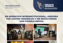 En operativo interinstitucional, asegura FGE cuatro inmuebles y 188 envoltorios con posible droga